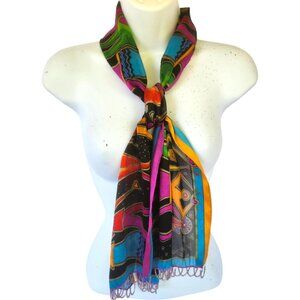 Laurel Burch Art of Human Being Vintage Silk Scarf Bright Colored Bead Fringe